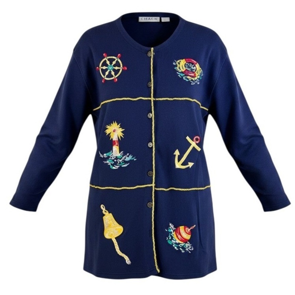 Chaus Sport Womens Navy Blue Nautical Embroidered Cotton Cardigan Sweater L